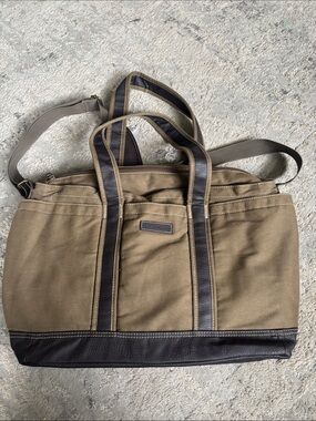 Eddie Bauer Olive Canvas Messenger Tote/ diaper bag with Dark Brown Trim